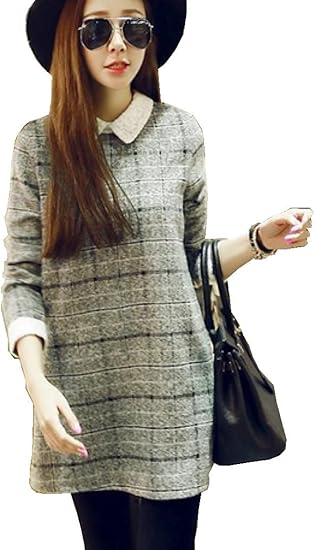 Amazon レディース 春秋冬コーデ ガーリッシュ系 1枚でコーデファッションできます 襟元おしゃれなスッポリワンピースです グレーのチェックだから幅広いシーズン対応 限定 巾着袋付き L グレーチェック ワンピース チュニック 通販