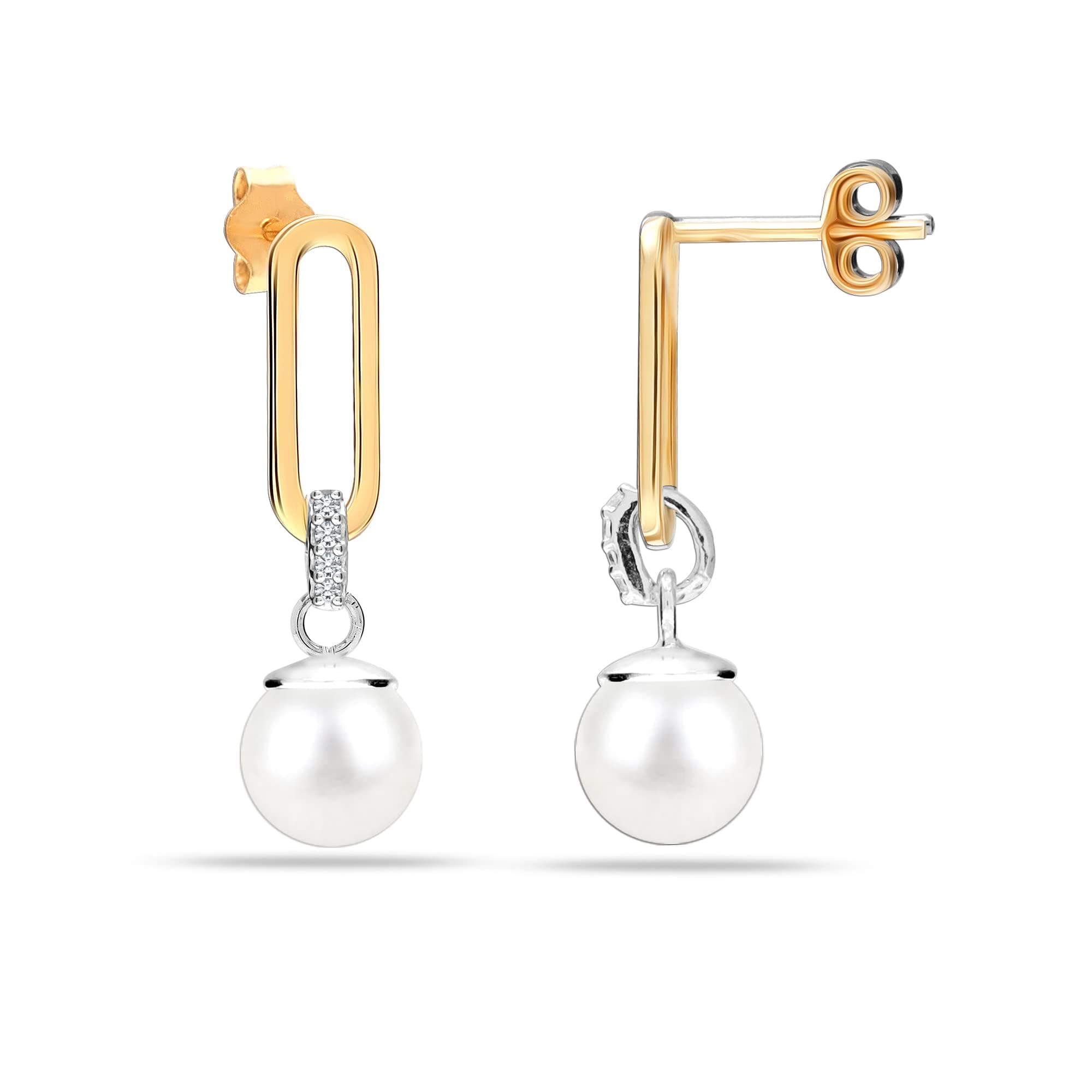 LeCalla 925 Sterling Silver Pearl Earrings, Pearl Gold-Plated Drop Dangle Stud Earring for Women