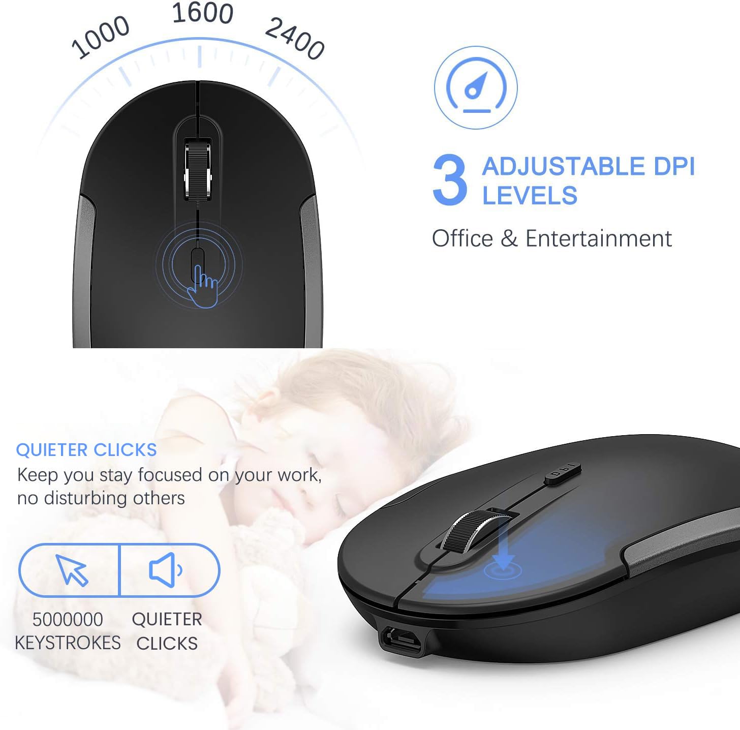 Wireless Keyboard and Mouse, Vssoplor Rechargeable Quiet Full-Size Keyboard and Mouse Combo Set Ultra Slim Design for Laptop, PC, Notebook, Desktop-Dark Gray