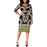 VERWIN Mid-Calf V Neck Three Quarter Sleeve Print Women's Bodycon Dress African Midi Dress