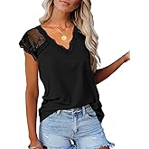 KINLONSAIR Women's Crochet Lace Basic V-Neck T-Shirts Short Sleeve Loose Fitting Tunic Tank Tops