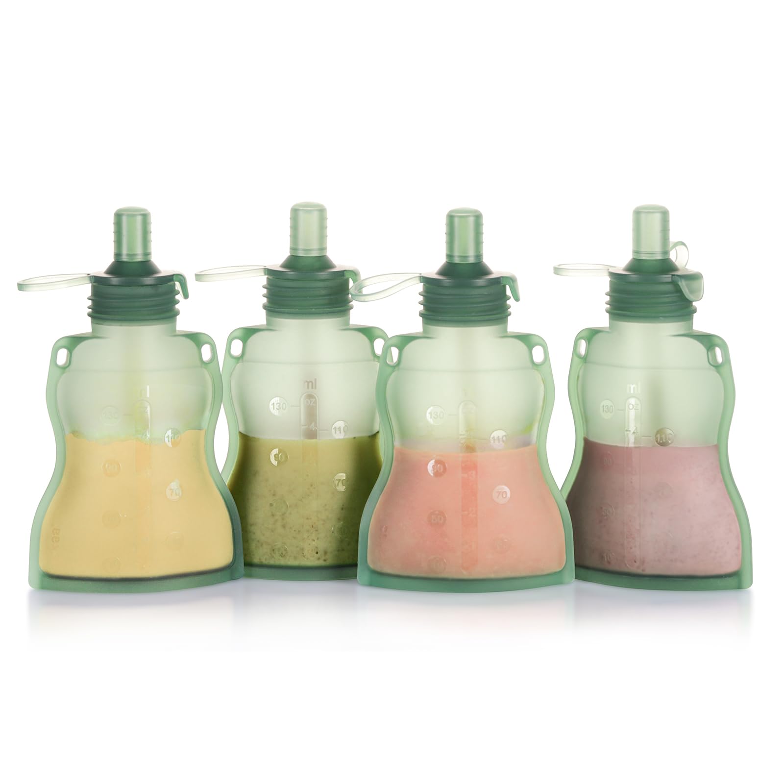 Photo 1 of haakaa Baby Food Pouch Refillable Baby Squeeze Silicone Yummy Pouch, Soft Reusable Squeeze Storage Food Pouch for Kids Toddler,Home Made Food Puree,Smoothie Pouch Bag, 4oz, 4 Pack,6m+(Pea Green)