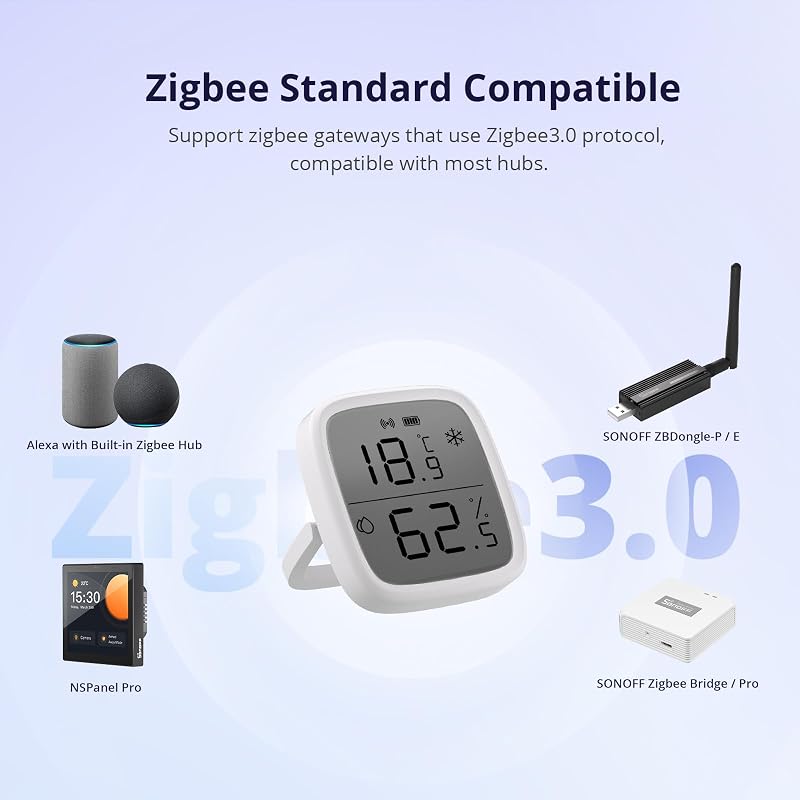SNZB-02D Mini Capteur ZigBee de Température et d'humidité, Thermomètre Hygrometre Intérieur, Affichage sur écran LCD, Compatible avec Alexa/Google Home, 2 Pack