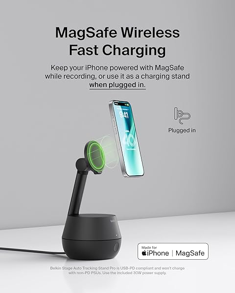 BELKIN WIRELESS CHARGER STAND, AUTO FACE TRACKING, APPLE DOCKKIT CERTIFIED, TRIPOD & MAGSAFE COMPATIBLE, NO APP REQUIRED, 360° ROTATION, INFLUENCER CONTENT, WORKS W/FACETIME, TIKTOK, YOUTUBE, ETC.