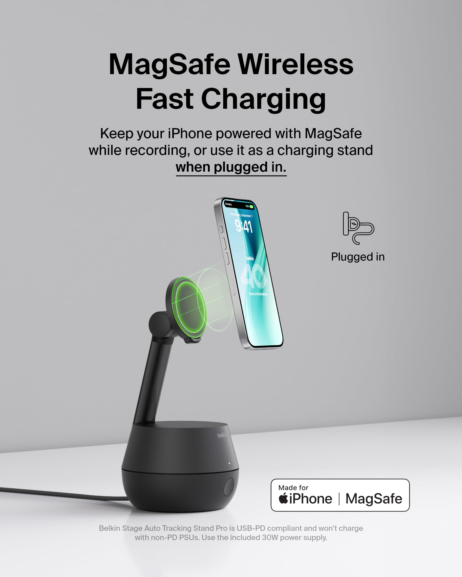 Belkin Wireless Charger Stand, Auto Face Tracking, Apple DockKit Certified, Tripod & MagSafe Compatible, No App Required, 360° Rotation, Influencer Content, Works w/FaceTime, TikTok, YouTube, etc.