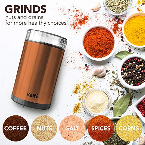 KF2030 Electric Coffee Grinder by Kaffe - 3oz Capacity with Easy On/Off Button. Cleaning Brush Included! (Copper)