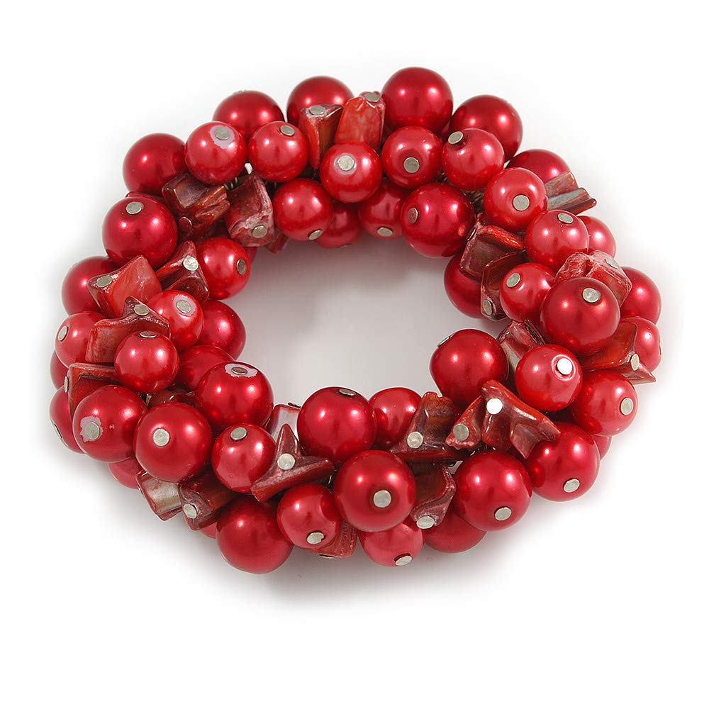 Avalaya Solid Chunky Red Glass Bead, Sea Shell Nuggets Flex Bracelet - 18cm L