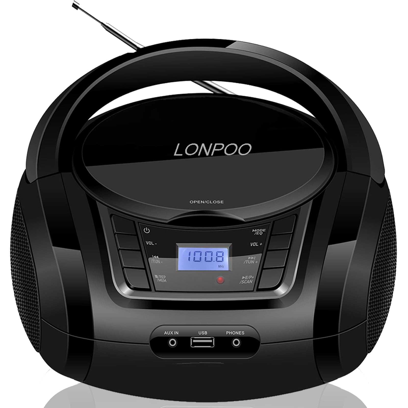 Photo 1 of LONPOO CD Player Portable Boombox with FM Radio/USB/Bluetooth/AUX Input and Earphone Jack Output, Stereo Sound Speaker & Audio Player,Black