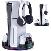 NEWDERY for PS5/Slim/Pro Console Stand with Controller Charger | Charging Station for PS5 Controllers, Adjustable RGB Light, for PS5 Controller Charger Stand, Black
