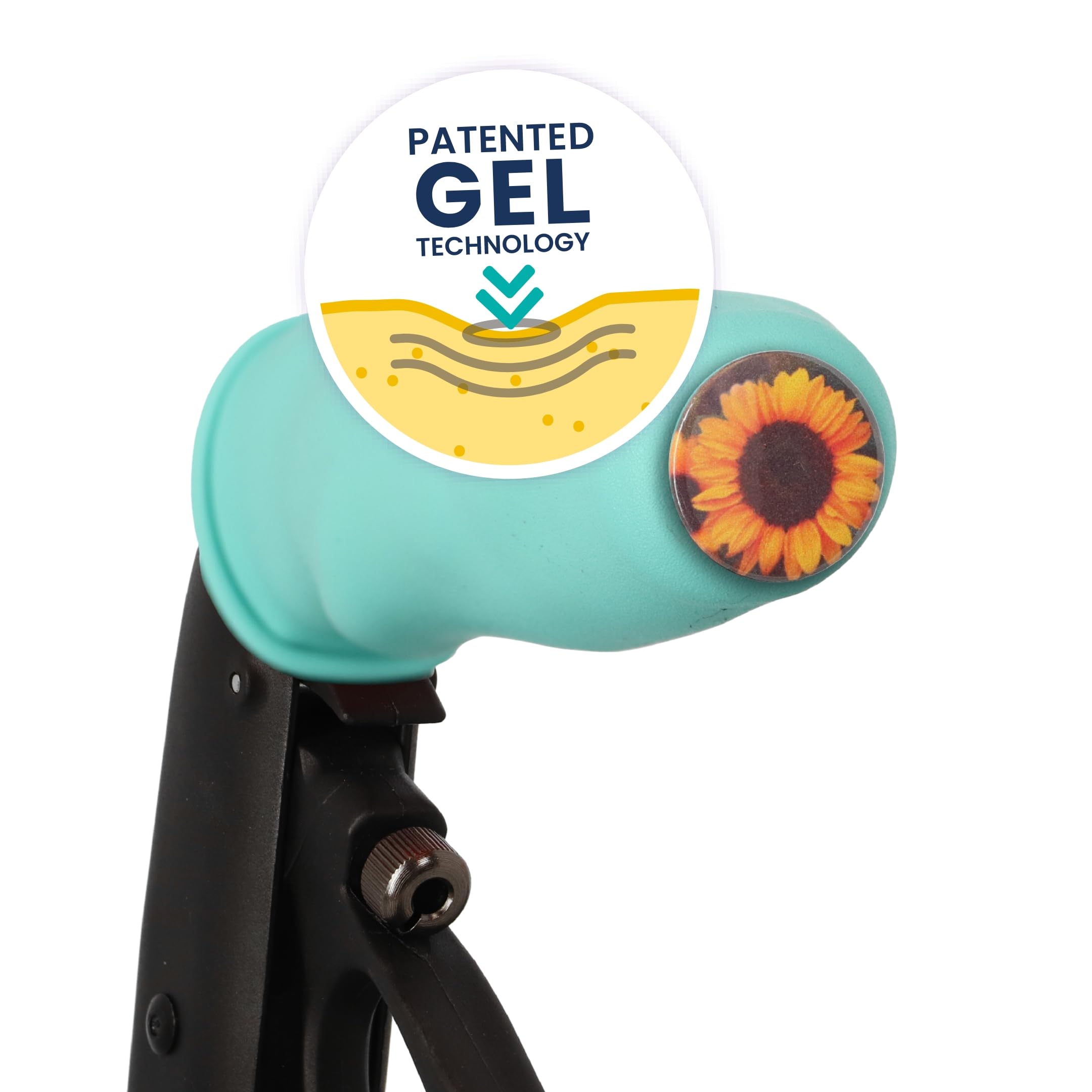 MyRollerSleeve ergonomic/anatomic handles for walker/rollator and wheelchair. Prevents painful hands with gel cushion. Customizable button with picture. Turquoise