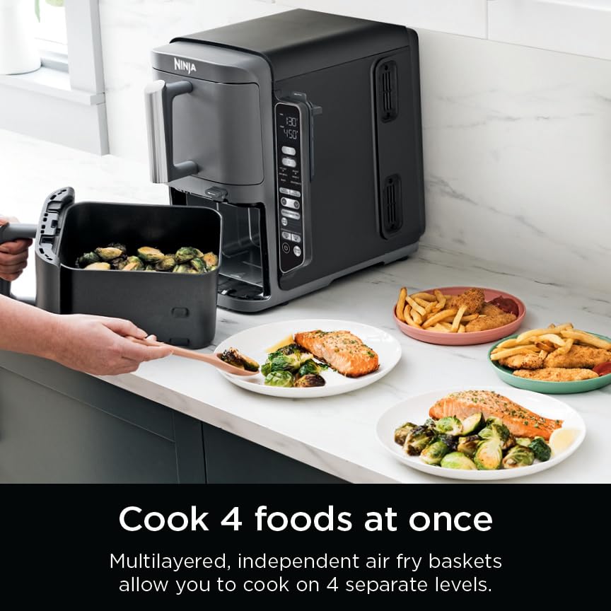 Freidora de aire inteligente Ninja DoubleStack XL de 2 cestas, sistema de cocción inteligente, tecnología DoubleStack Cocine 4 alimentos a la vez, diseño que ahorra espacio, 10 QT, 6 en 1, cocción inteligente con acabado y combinación, freír al aire, asar, hornear SL451
