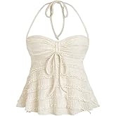 ASKHOPE Women's Ruched Halter Tops Peplum Cami Tops Y2K Drawstring Tie Crop Top for Summer Going Out Dressy Casual