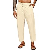 Runcati Mens Cotton Linen Casual Pants Elastic Waist Drawstring Lightweight Cropped Pants Summer Beach Yoga Trousers