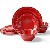BEESEN Red Beaded Melamine Plastic Dinnerware Sets,12 Pieces Dishes Set, Lightweight Unbreakable, BPA Free, Plates and Bowls Set, Perfect for Indoor Outdoor Weddings &amp; Everyday Meals