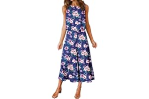 ROYLAMP Women's Summer 2 Piece Outfits Round neck Crop Basic Top Cropped Wide Leg pants Set Jumpsuits