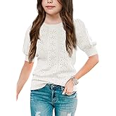 Batermoon Girls' Puff Short Sleeve Sweaters Crewneck Hollow Out Knit Pullover Tops