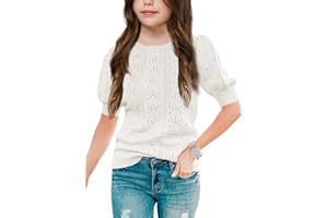 Batermoon Girls' Puff Short Sleeve Sweaters Crewneck Hollow Out Knit Pullover Tops