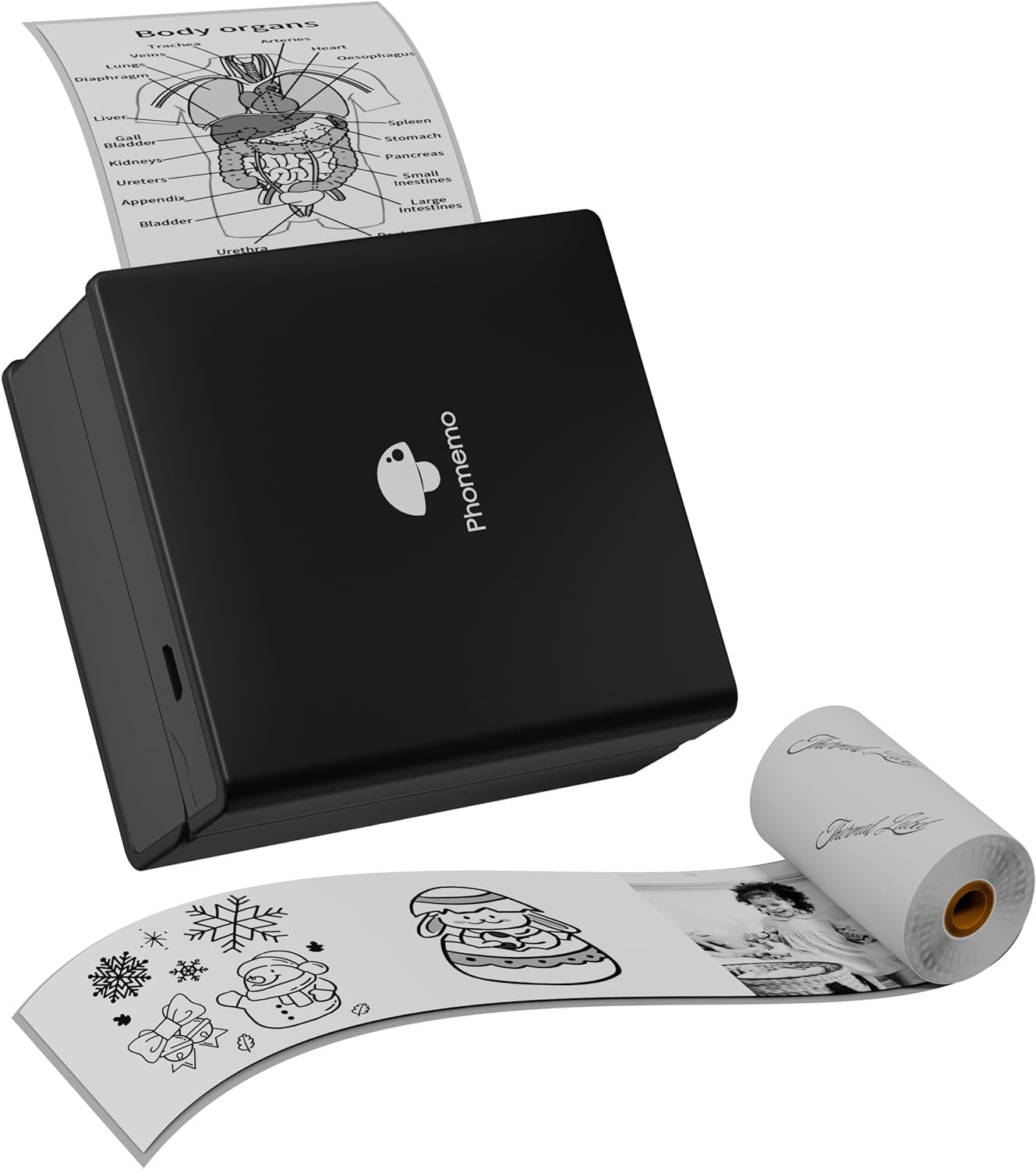 PlayGround® Mini Printer M02 203dpi with Bluetooth and 1 Roll of Labels - Portable Thermal Printer for Smartphone - Ideal for Studies, Notes, Images, Photos and Journals (Space Black)