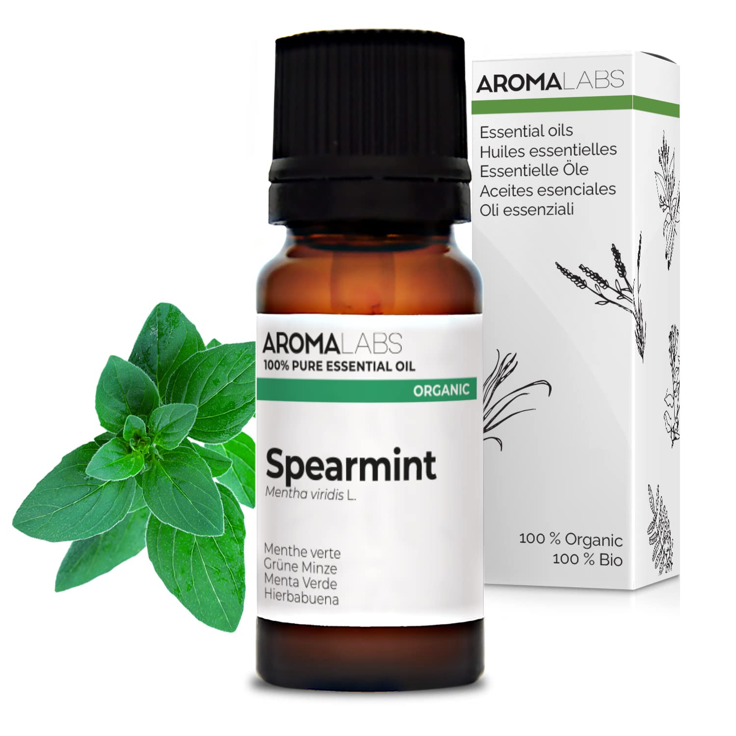 BIO - Spearmint Essential Oil - 10mL - 100% Pure, Natural, Chemotyped and AB Certified - AROMA LABS (French Brand)