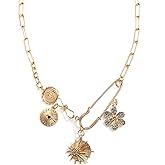 NALISASA Glod Plated Boho Paperclip Chain Charm Necklace for Women Handmade Evil Eye Sun Moon Star Flower Coin Safety Pin Necklace Celestial Jewelry
