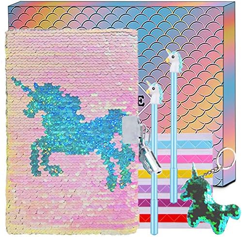 Unicorn Notebook Sequin Secret Diary with Lock Reversible Mermaid Sequin Journal Lockable Notepad with Sequin Keychain Birthday Christmas for Girls Kids