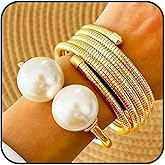 ACEDRE Chunky Gold Pearl Cuff Bracelet Stretch Stackable Bangle Set Layered Elastic 2PCS Jewelry for Women