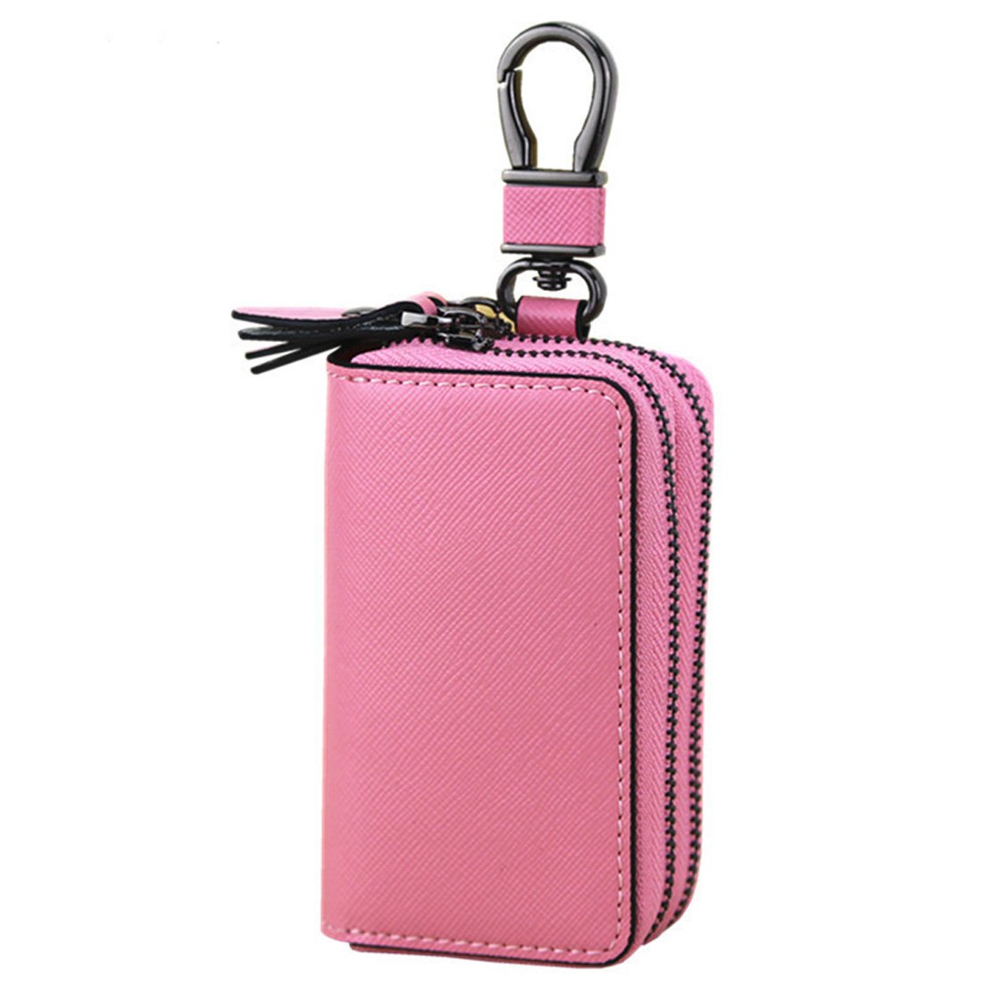 Esdrem Unisex Genuine Leather Key Case Holder Double Zipper Car Keychain Wallet Coin Purse (Pink Large)
