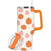 Whaline 1Pc Fall Tumbler with Handle Lid Straw 40oz Autumn Orange Pink Pumpkin Stainless Steel Travel Tumbler Cup for Thanksgiving Iced Coffee Party Favor