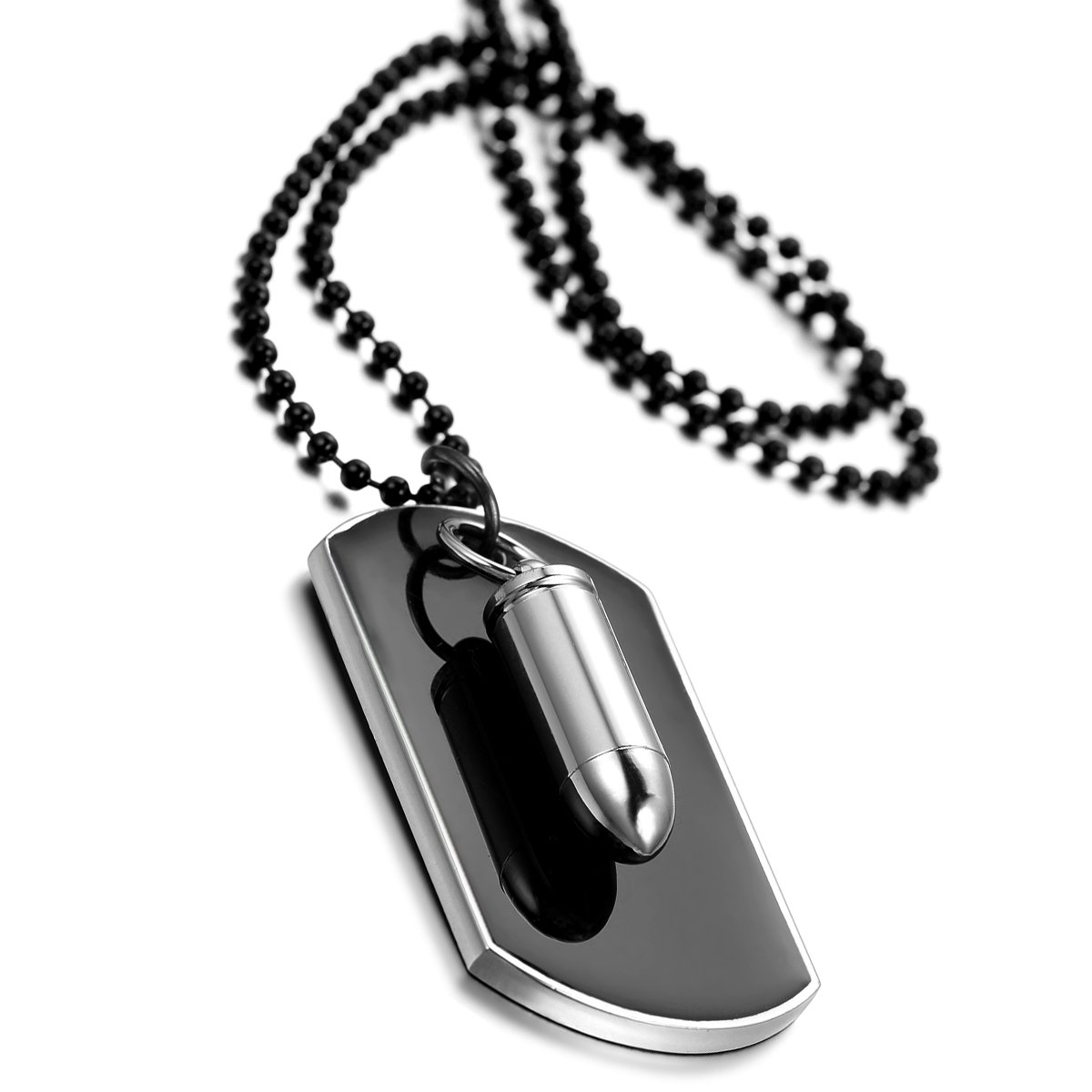 Cupimatch Mens Biker Alloy Bullet Military Army Style Dog Tag Pendant Necklace, 27.5 Inch Chain, Black (Silver bullet) for Fathers Day — image 1