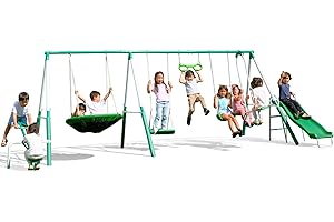 Sportspower Bayside 7-in-1 Outdoor Backyard Metal Swing Set for Kids, 1000 lb Capacity, Teeter-Totter, Swing, Saucer, Standing Swing, Trapeze, Glide Ride & 5 ft Slide, 17.4' L x 7.6' W x 6' H