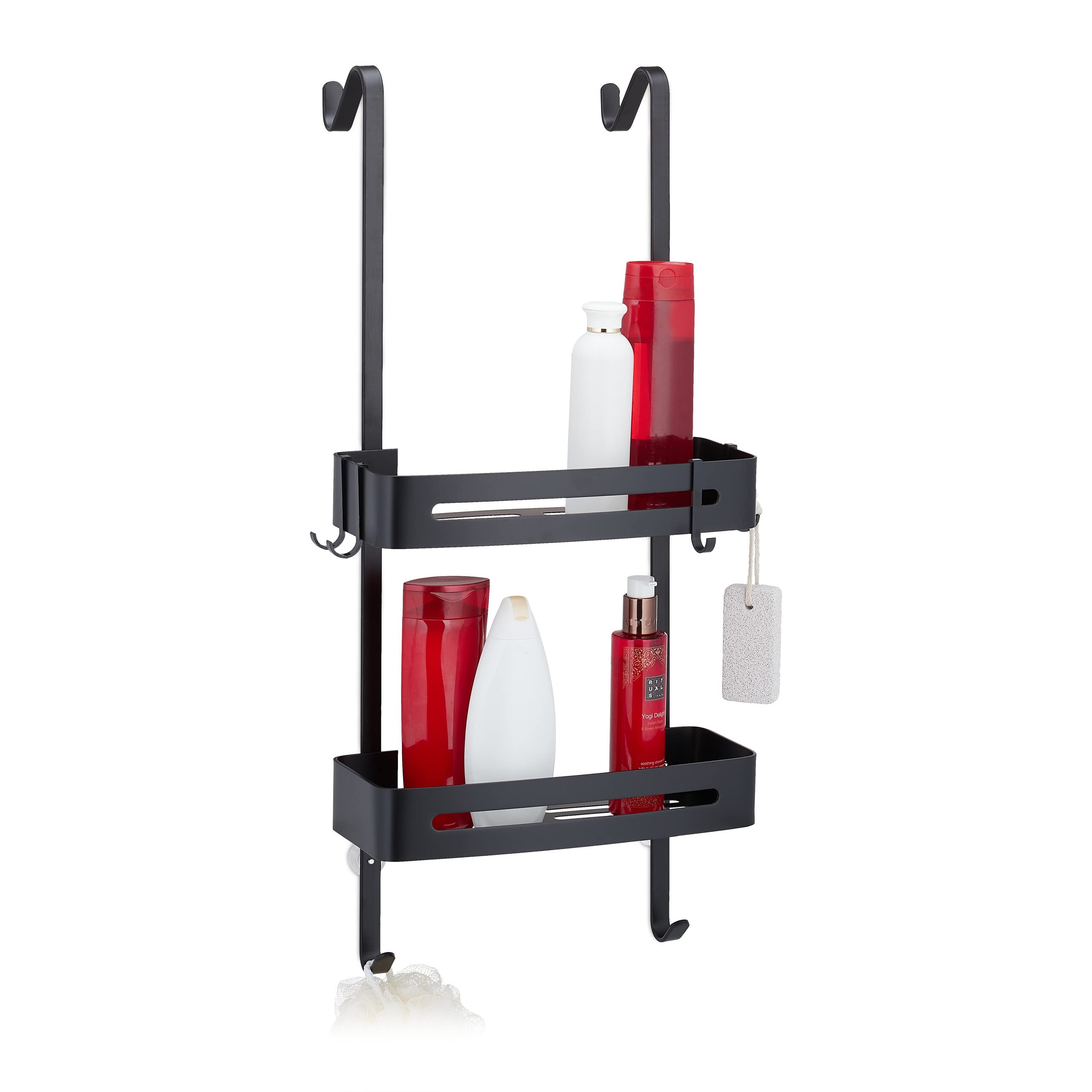 Relaxdays Shower Rack for Hanging, No Drilling, 2-Tiered Caddy, 8 Hooks, Aluminium, HxWxD: 72.5 x 33 x 23 cm, Black