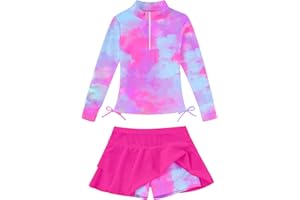 Vogseek 5-12T Girls Rash Guard 2 Pieces Bathing Suit Long Sleeve Swimsuit Swimming Skirt with Shorts Swimwear