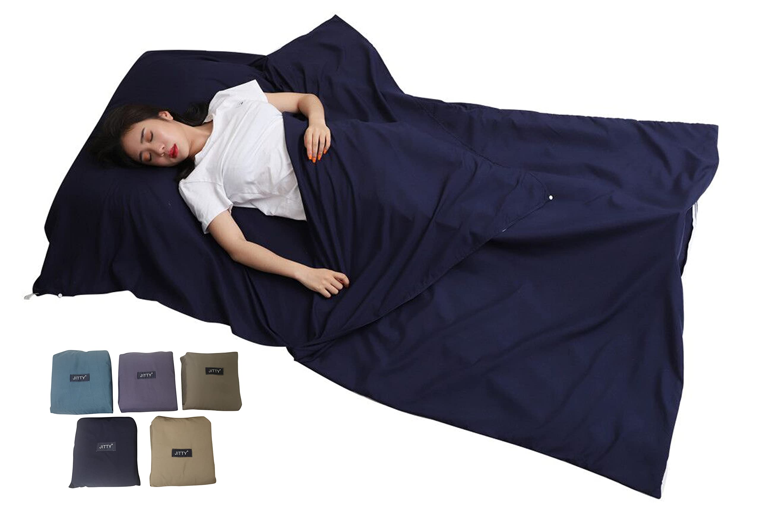 JITTY Sleeping Bag Liner 210x115cm Portable Lightweight Travel Sheet With Pillow Slot for Hotel Hostels Business Camping Backpacking Hiking Home(Navy)