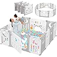 Baby Playpen, Dripex Foldable Playpen for Babies and Toddlers, Custom Shape Baby Fence, Safety Play Yard with Gate, Portable Play Area for Indoor or Outdoor, Grey White, 14 Panel