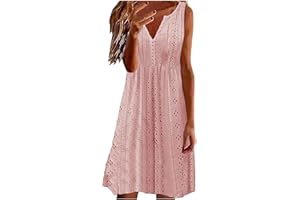 GENERIC Summer Mini Dresses for Women 2024 Vacation Trendy Sleeveless V Neck Embroidery Eyelet Tank Dress Beach Sundresses