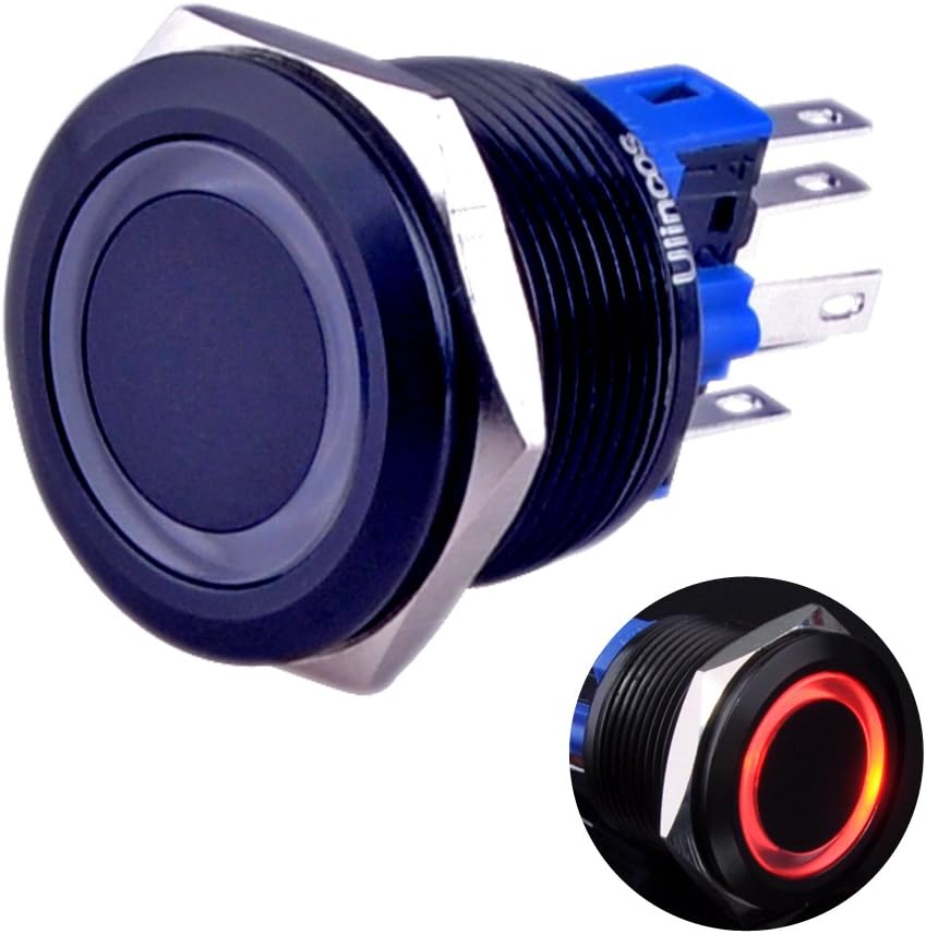 Ulincos Momentary Push Button Switch U22A1 1NO1NC Black Metal Shell with 12V Red LED Ring Suitable for 22mm 7/8" Mounting Hole (Red)