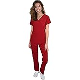 Green Town Scrubs for Women Scrub Set - V-Neck Top and Straight Leg Pant, 5 Pockets, Easy Care-Red-Large