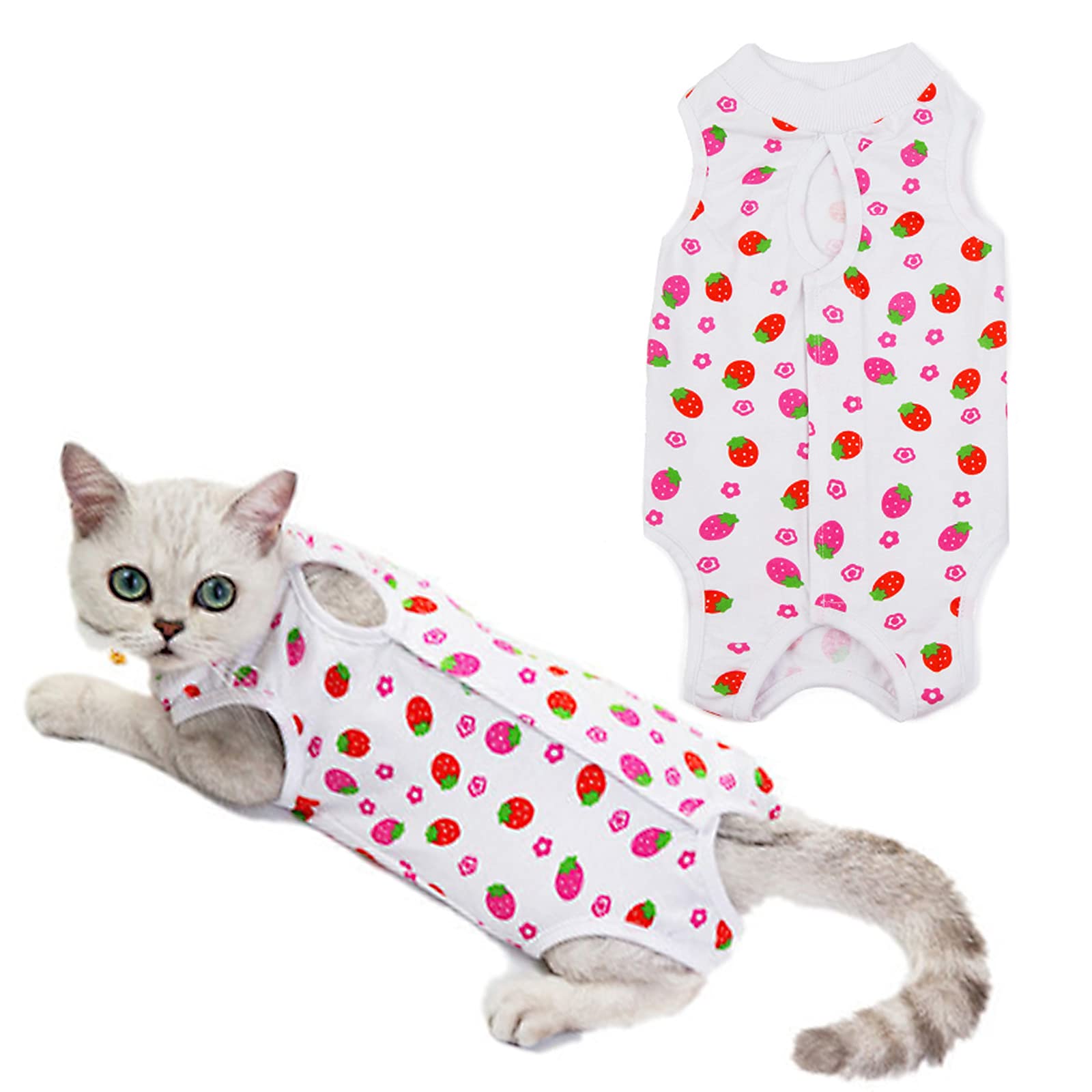HACRAHO Recovery Suit for Cat, 1 PCS Strawberry Cotton Cat Sterilization Suit Breathable Cat Surgery Recovery Protective Shirt for Cats After Surgery Wear, M