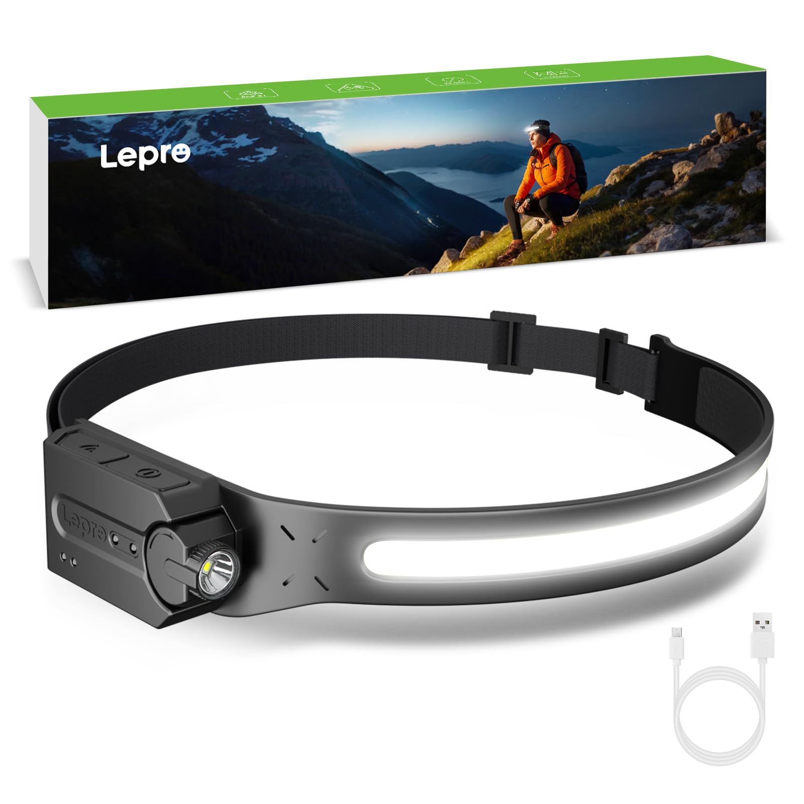Photo 1 of Lepro Headlamp - Super Bright LED Head Lamp Rechargeable with 230°Wide Beam, Adjustable Spotlight, Motion Sensor, 5 Modes, Waterproof Lightweight Headlight Flashlight for Camping Running
