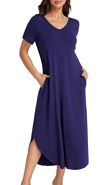 KIFOVEN WOMEN’S V NECK SHORT SLEEVE NIGHTDRESS SIDE SLIT IRREGULAR NIGHTGOWNS NAVY BLUE X-LARGE