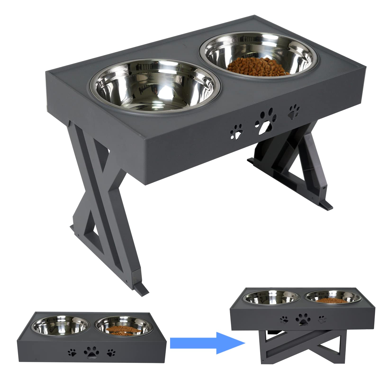 Wisedog Raised Dog Bowls for Large Dogs Elevated Dog Bowl - Adjusts To 3 Heights,2.8”, 7.5", & 11.6'' Stand (Grey Stand)