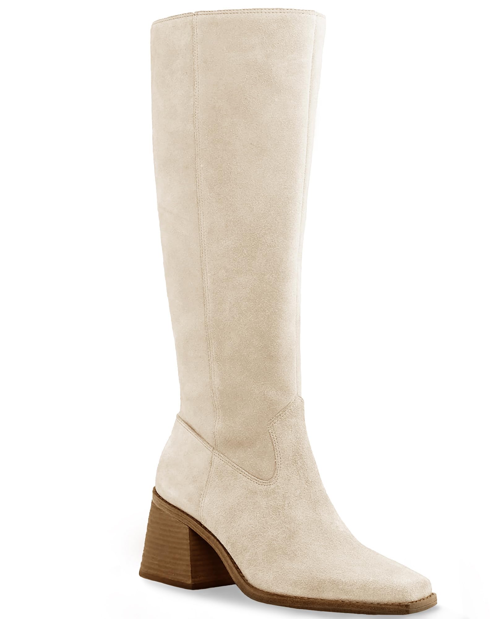 Photo 1 of Coutgo Women's Knee High Boots Wide Calf Square Toe Chunky Heeled Pull-on Suede Boot, Light Beige, Size 6.5