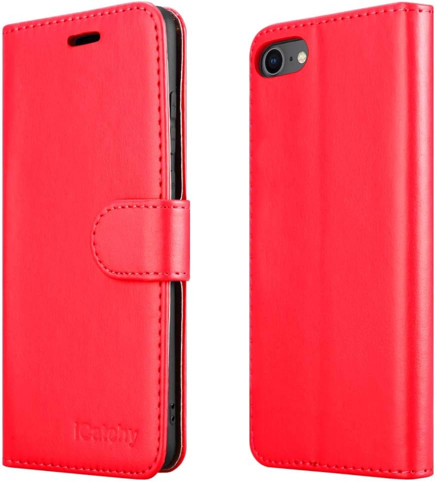 iCatchy iPhone SE 2022/2020, 8, 7 Leather Wallet Book Flip Folio Stand View Case Compatible With iPhone SE 2022/2020 (Red)