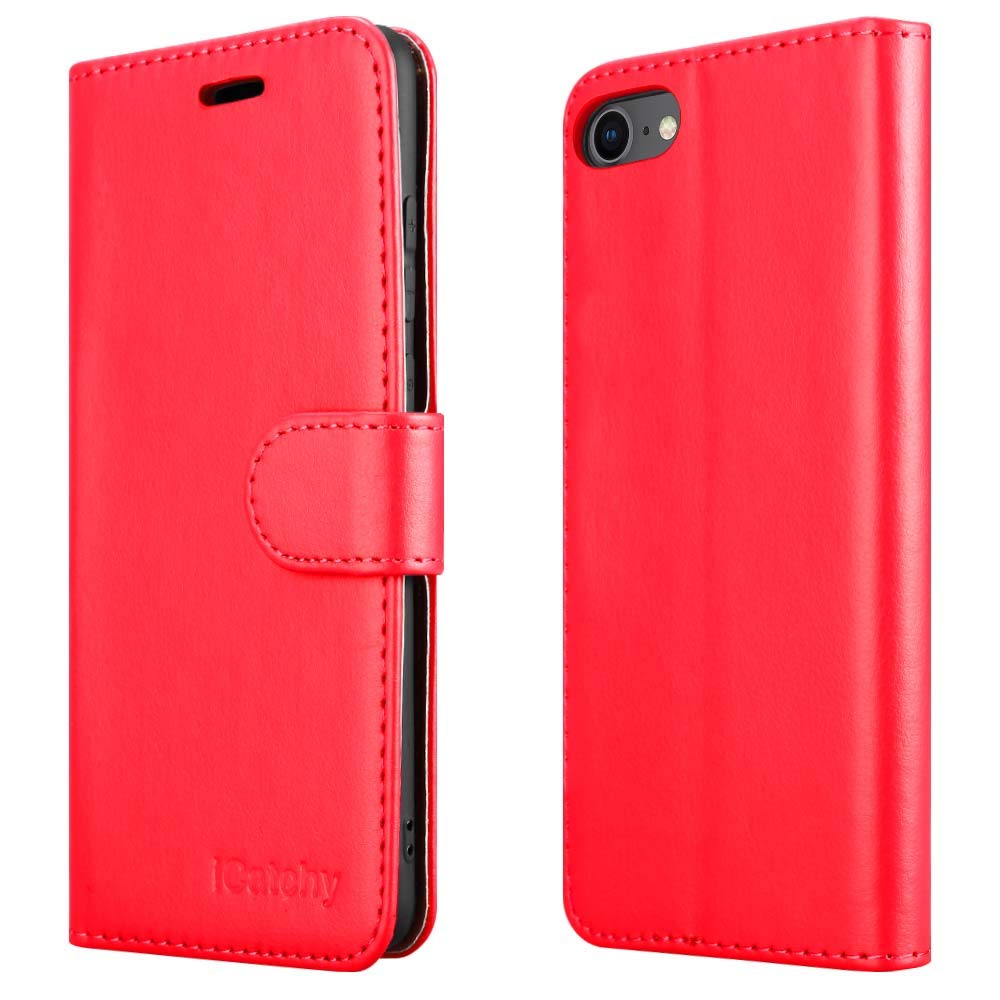 iCatchy iPhone SE 2022/2020, 8, 7 Leather Wallet Book Flip Folio Stand View Case Compatible With iPhone SE 2022/2020 (Red)