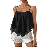 OYOANGLE Women's Asymmetrical Layered Ruffle Camisole Tops Spaghetti Strap Vacation Flowy Mesh Cami Top