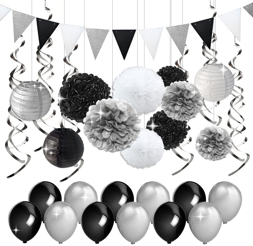 Kreatwow Black and Silver Party Decorations Tissue Paper Pom Poms Paper Lanterns Pennant Banner Swirls Pack for Birthday Party, Bachelorette, Retirement, Graduation Decorations