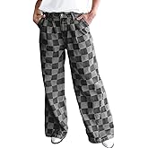 loveimgs Women Baggy Checkered Pants Patterned Denim Wide Leg Jeans Plaid Printed High Waisted Gingham Jeans