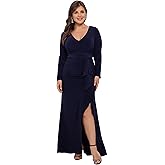 Betsy & Adam Women's Plus Size Long Sleeve Stretchy V-Neck Wrap Formal Dress w/Slit