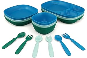 MIGHTYMOE Kid’s Dinnerware Set - 15 Pieces - 3 Place Settings - Tough Tableware for Toddlers - Made in the USA - Dishwasher and Microwave Safe - BPA Free and Shatter Resistant (Ocean)