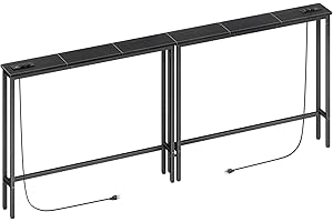 ELYKEN 2 Pack 5.9" Narrow Console Sofa Table with Power Outlets, Total 78.8” Long Behind Couch Table with Charge Station and 5.9’ Extension Cord for Living Room, 5.9" D x 78.8”W x 29.5”H, Black